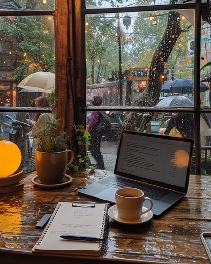 A laptop, a notebook and a cup of coffee on a wooden table by a rainy window